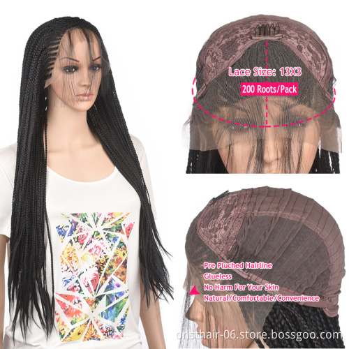 Wholesale Side Part Handmade Braided Box Braids Wig Front Wigs for African Women Cosplay Lace Wig Black Hair Synthetic Lace Long